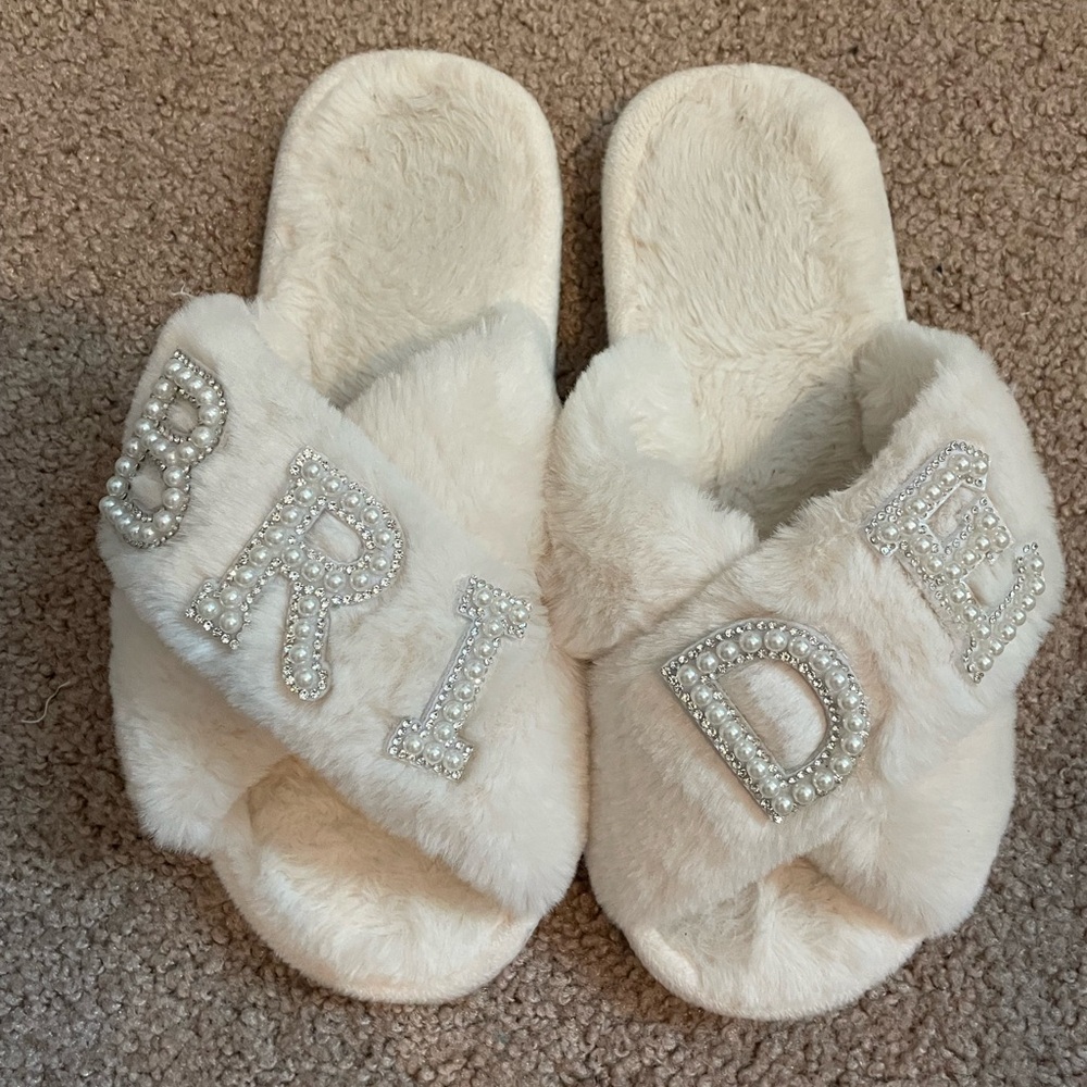 White Furry Bride Slippers with Pearl Accents